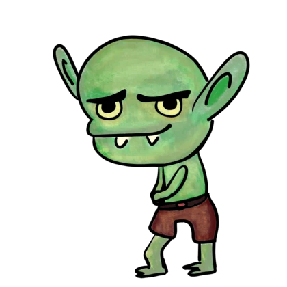 A hand-drawn green goblin with pointed ears and a decidedly unimpressed expression.