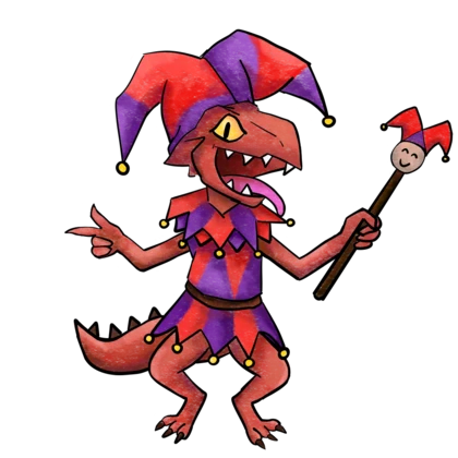 A red kobold in a purple and red jester's outfit, holding a little jester's staff.