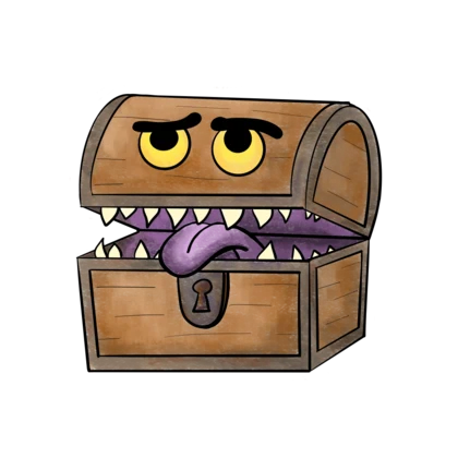 A hand-drawn treasure chest with suspicious eyes, sharp teeth, and a purple tongue.