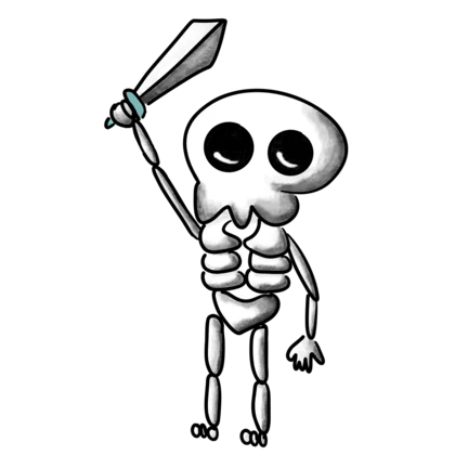 A cheerful skeleton brandishing a sword.
