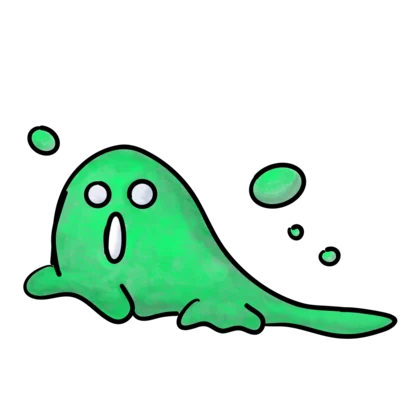 A bright green, hand-drawn slime with wide eyes and a wobbly tail.