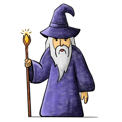 A hand-drawn wizard with a long white beard, purple robes, and a glowing staff.
